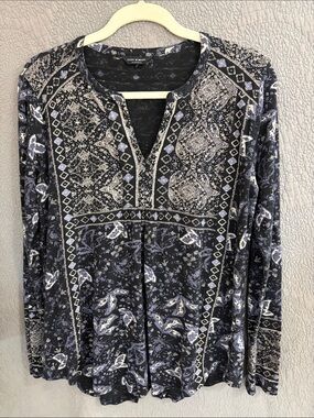 Lucky Brand Navy and Cream Printed Split-Neck Long Sleeve Top